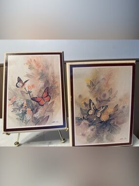 Vintage 1983 Lena Liu Butterfly & Wildflowers Framed Art Prints - Set of 2